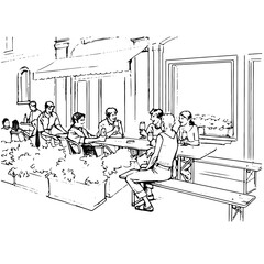 people sit in front of the pub vector drawing sketch