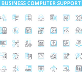Business computer support linear icons set. Hardware, Software, Nerking, IT, Security, Maintenance, Troubleshooting line vector and concept signs. Helpdesk,Backup,Recovery outline illustrations