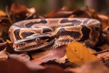 close-up of a serpent lying on lush green foliage. Generative AI