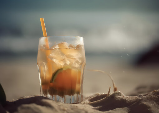 tropical drink, cocktail with blur beach and sunset in background