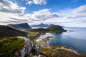 view of Beautiful mountain landscape with Norwegian sea at holandsmelen, lofoten, Norway