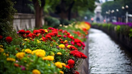 city footpath with flowers generative ai