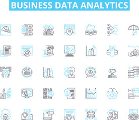 Business data analytics linear icons set. Insights, Metrics, Visualization, Dashboards, Optimization, Data, Analytics line vector and concept signs. Intelligence,Trends,Strategies outline