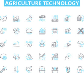 Agriculture technology linear icons set. Irrigation, Biotechnology, Genetics, Sustainability, Agronomy, Nanotechnology, Livestock line vector and concept signs. Precision,Mechanization,Fertilizer