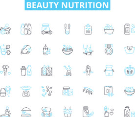 Beauty nutrition linear icons set. Collagen, Antioxidants, Hydration, Supple, Radiant, Nourishment, Vitamins line vector and concept signs. Minerals,Glowing,Health outline illustrations