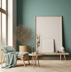 living room interior design mock up, minimal and functional apartment design mock up, Generative AI