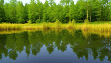 Fototapeta na wymiar Reflections of Trees on the Pond Surface Generative AI