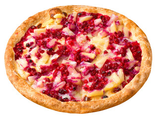 sweet pizza with berries and pineapples, isolated on white background, full depth of field