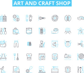 Art and craft shop linear icons set. Paint, Canvas, Sculpture, Clay, Mosaic, Beads, Paper line vector and concept signs. Fabric,Yarn,Crochet outline illustrations