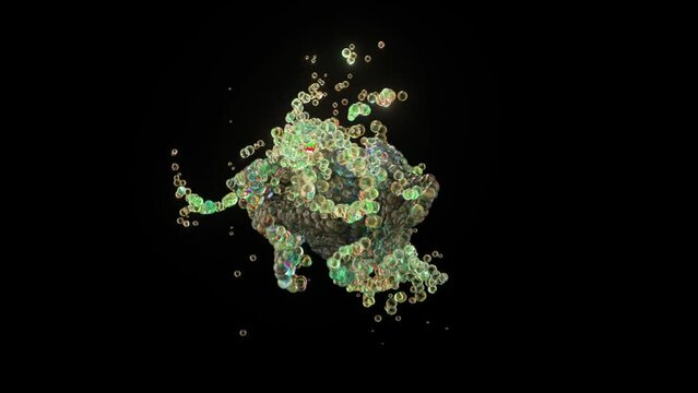 Many bubbles move randomly taking abstract shapes. Whirlwind, current. Green color. Black background. 3d animation 