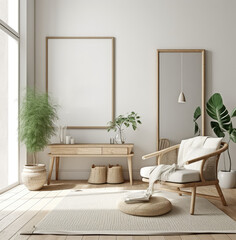 living room interior design mock up, minimal and functional apartment design mock up, Generative AI