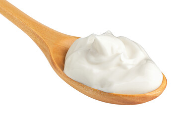 sour cream on wooden spoon, mayonnaise, yogurt, isolated on white background, full depth of field