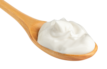 sour cream on wooden spoon, mayonnaise, yogurt, isolated on white background, full depth of field