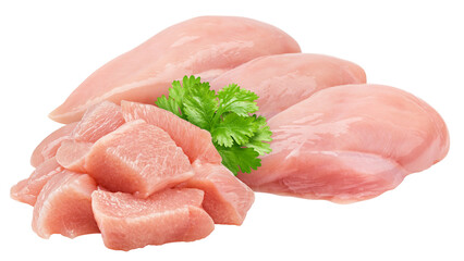 Raw chicken, fillet, isolated on white background, full depth of field