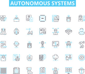 Autonomous systems linear icons set. Robotics, Automation, Self-driving, AI, Intelligence, Machine, Computer line vector and concept signs. Optical,Navigation,Remote outline illustrations
