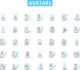 Avatars linear icons set. Virtual, Character, Online, Representation, Image, Profile, Identity line vector and concept signs. Digital,Persona,Symbol outline illustrations