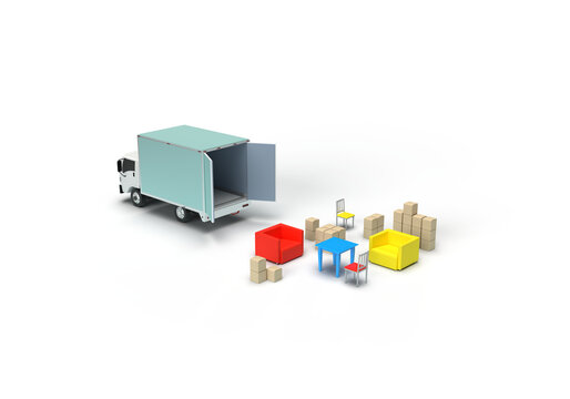 A car truck transports things, furniture, boxes. 3d render on the topic of cargo transportation, driving, business, delivery of goods. Minimal style, transparent background.