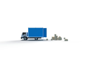 A car truck transports cardboard boxes. 3d render on the topic of freight transportation, relocation, delivery, courier. Minimal style, transparent background.