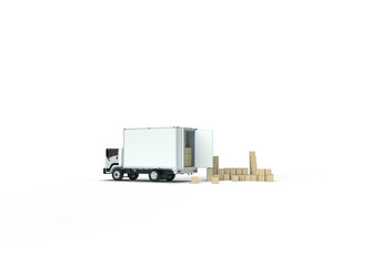 A car truck transports cardboard boxes. 3d render on the topic of freight transportation, relocation, delivery, courier. Minimal style, transparent background.