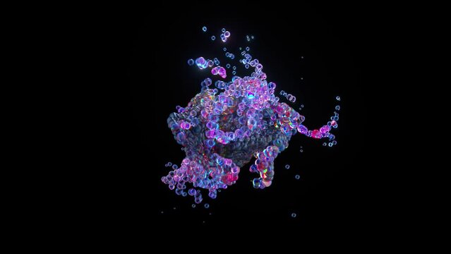Many bubbles move randomly taking abstract shapes. Blue purple color. Black background. 3d animation of a seamless loop