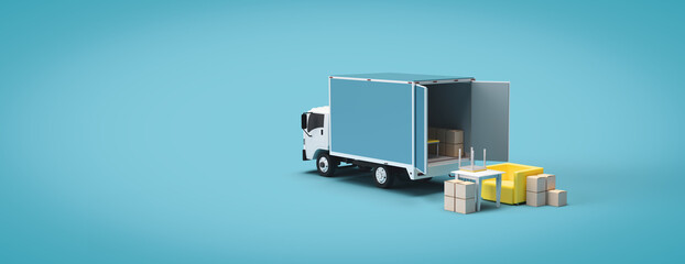 A car truck transports things, furniture, boxes. 3d render on the topic of cargo transportation, driving, business, delivery of goods. Minimal style, blue background.