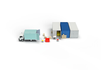A car truck transports things, furniture, boxes. Metal marine container. 3d render on the topic of cargo transportation, delivery, sea vessel. Minimal style, transparent background.