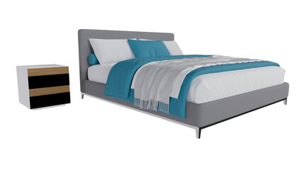 Modern gray bed with colorful pillows and with nightstands side view without background