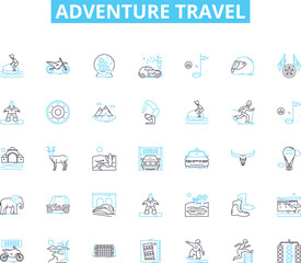 Adventure travel linear icons set. Trek, Explore, Expeditions, Rafting, Safari, Mountaineering, Backpacking line vector and concept signs. Bungee,Climbing,Kayaking outline illustrations