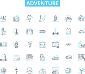 Adventure linear icons set. Exploration, Danger, Excitement, Thrill, Risk, Escape, Journey line vector and concept signs. Expedition,Quest,Odyssey outline illustrations