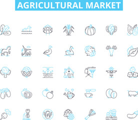 Agricultural market linear icons set. Produce, Crops, Farming, Livestock, Harvesting, Irrigation, Agribusiness line vector and concept signs. Commodity,Grains,Fertilizer outline illustrations