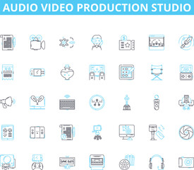 Audio video production studio linear icons set. Recording, Sound, Studio, Production, Mixing, Mastering, Editing line vector and concept signs. Composing,Arranging,Mic outline illustrations
