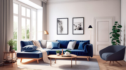 warm living room with a dark blue sofa and a large wooden frame, Scandinavian style. Generative AI