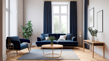 warm living room with a dark blue sofa and a large wooden frame, Scandinavian style. Generative AI