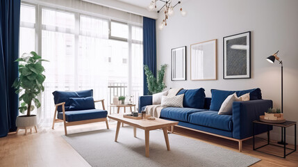 Fototapeta premium warm living room with a dark blue sofa and a large wooden frame, Scandinavian style. Generative AI