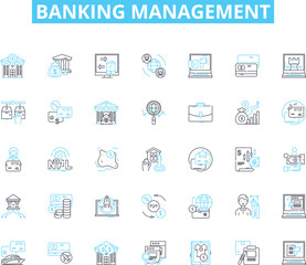 Banking management linear icons set. Funds, Loans, Investments, Deposits, Interest, Transactions, Credit line vector and concept signs. Security,Cash,Budgeting outline illustrations