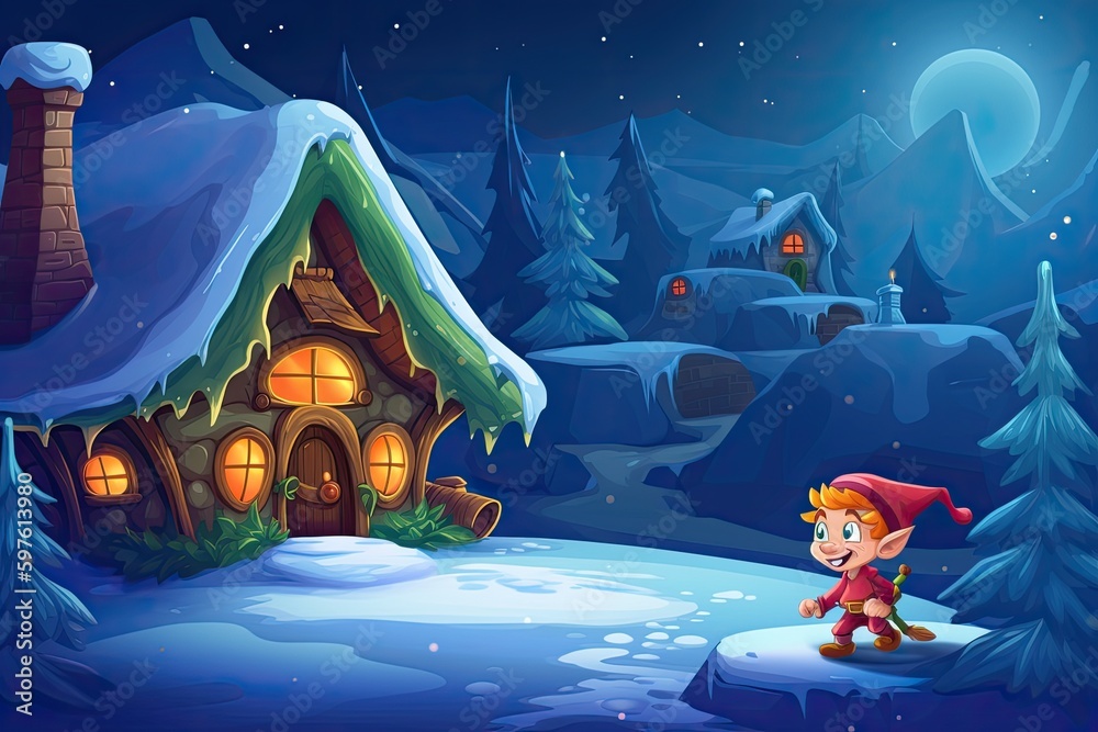 Wall mural Christmas elf standing in front of a cozy house. Generative AI