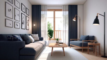 Fototapeta premium warm living room with a dark blue sofa and a large wooden frame, Scandinavian style. Generative AI