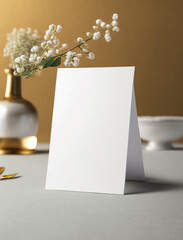Vertical white blank of paper mockup with flowers on table in restaurant in beige gold colors. Empty card for wedding table number or dinner menu template. Generative AI