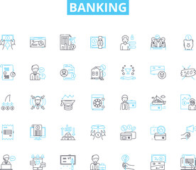 Banking linear icons set. Finance, Deposits, Withdrawals, Checking, Savings, Loans, Credit line vector and concept signs. Interest,Accounts,Investments outline illustrations
