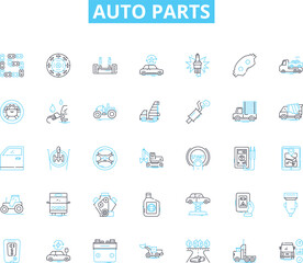 Auto parts linear icons set. Engine, Suspension, Brakes, Transmission, Battery, Alternator, Radiator line vector and concept signs. Ignition,Exhaust,Filter outline illustrations