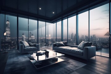Living room with a view: Illustrate a luxurious living room in a penthouse with floor-to-ceiling windows offering a stunning view of the city skyline at night. Generative Ai - obrazy, fototapety, plakaty