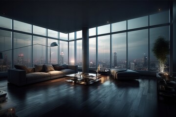 Living room with a view: Illustrate a luxurious living room in a penthouse with floor-to-ceiling windows offering a stunning view of the city skyline at night. Generative Ai - obrazy, fototapety, plakaty