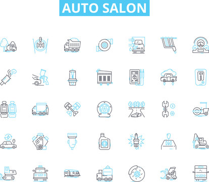 Auto salon linear icons set. Luxury, Exotic, Performance, Classic, Modern, Custom, Tuned line vector and concept signs. Hybrid,Electric,Sports outline illustrations