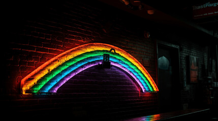 Obraz premium Luminescent Rainbow Neon Light/Sign Against a Brick Wall at Night - LGBTQ and Pride Themed Background - Generative AI