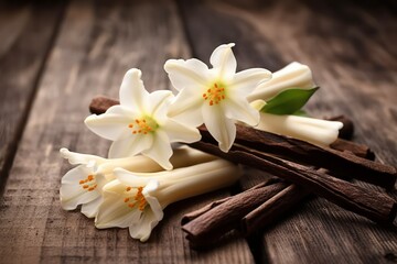 Obraz na płótnie Canvas Dried vanilla pods and flowers on wooden background. Generative AI