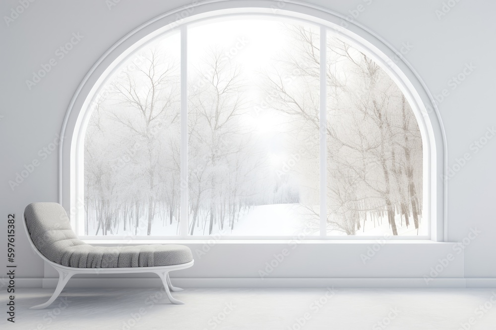 Wall mural minimalist white chair positioned in front of a large window. Generative AI