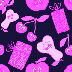 Retro cartoon fruit seamless apples and cherry and pears and gift box pattern for kids clothes print and wrapping