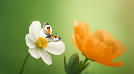 Anemone flower with butterfly. Illustration AI Generative.