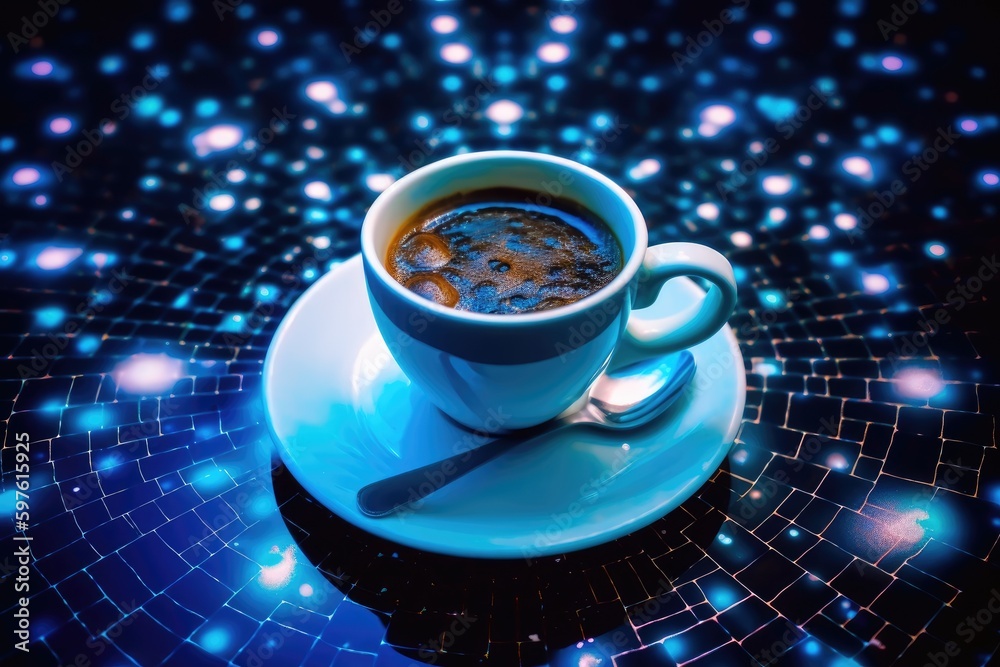 Sticker steaming cup of coffee on a saucer with a spoon beside it. Generative AI