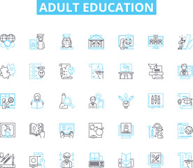 Naklejka na ściany i meble Adult education linear icons set. Lifelong, Renewal, Empowerment, Skilled, Knowledgeable, Development, Progress line vector and concept signs. Growth,Confidence,Learning outline illustrations